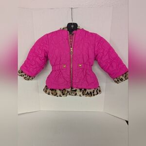 Bright Pink Girls' Quilted Jacket Animal Print  Faux Fur Trim 3T